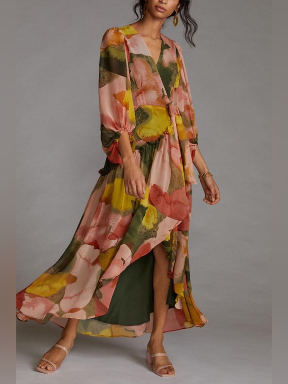 Hutch Orange Floral Long Sleeve Abstract Wrap Maxi Dress size XL